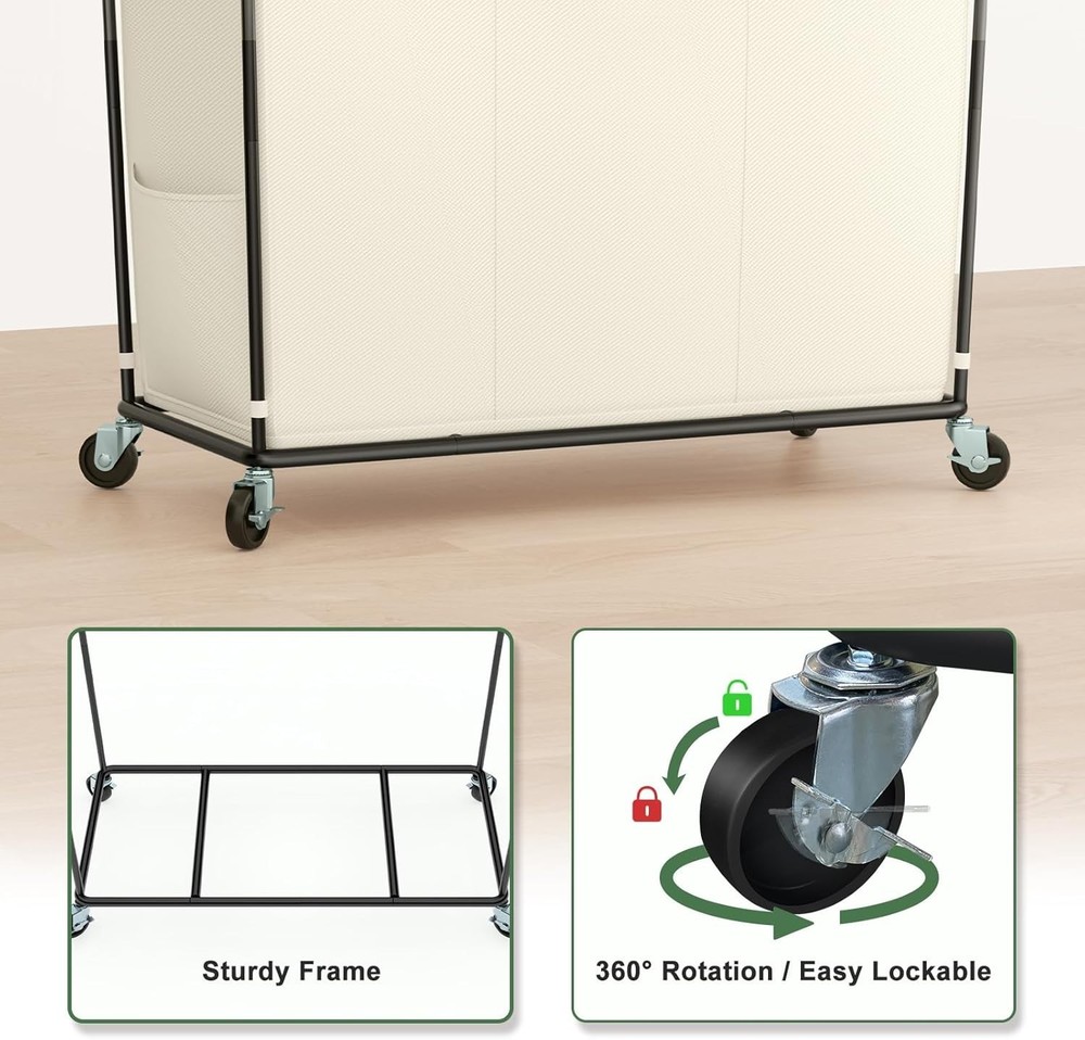 320L Laundry Hamper W/ Wheels 3 Section Large Rolling Laundry Basket Bag