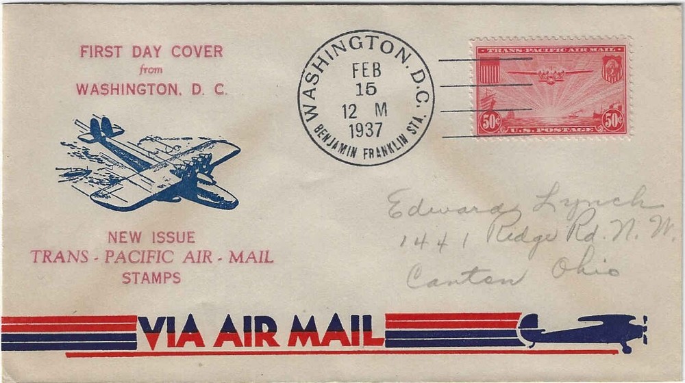 FDC's   # C22-21   --   Fairway --  1937 --   50c China Clipper