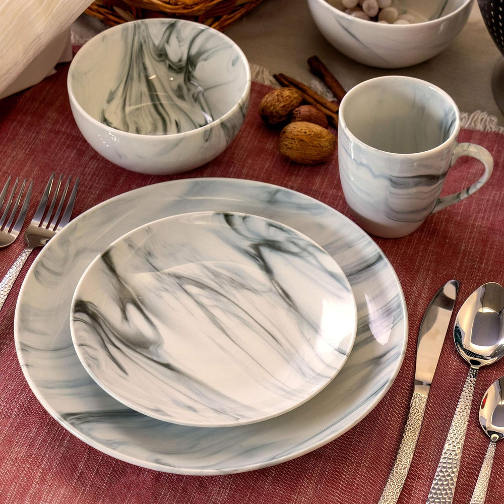 Fine Marble 16 Piece Stoneware Dinnerware Set in Black and White