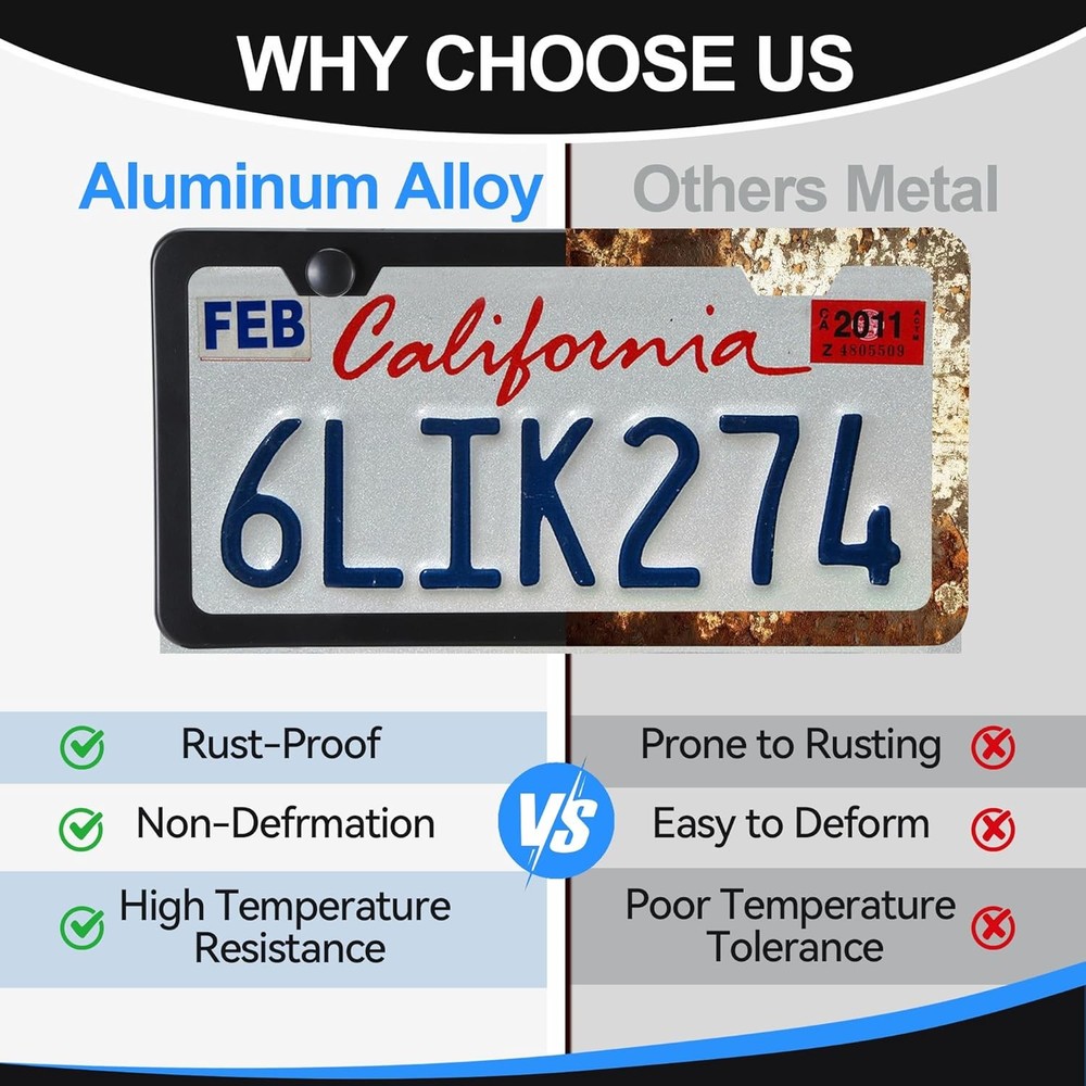 2PCS Matte Black License Plate Frames - No-Cover State Name - Premium Rust Proof