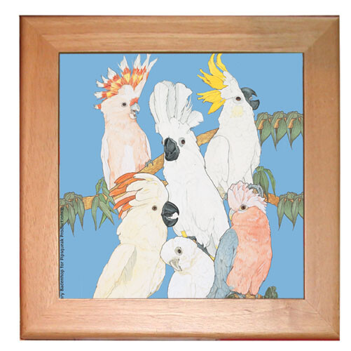 Cockatoo Parrot Kitchen Ceramic Trivet Framed in Pine 8" x 8"
