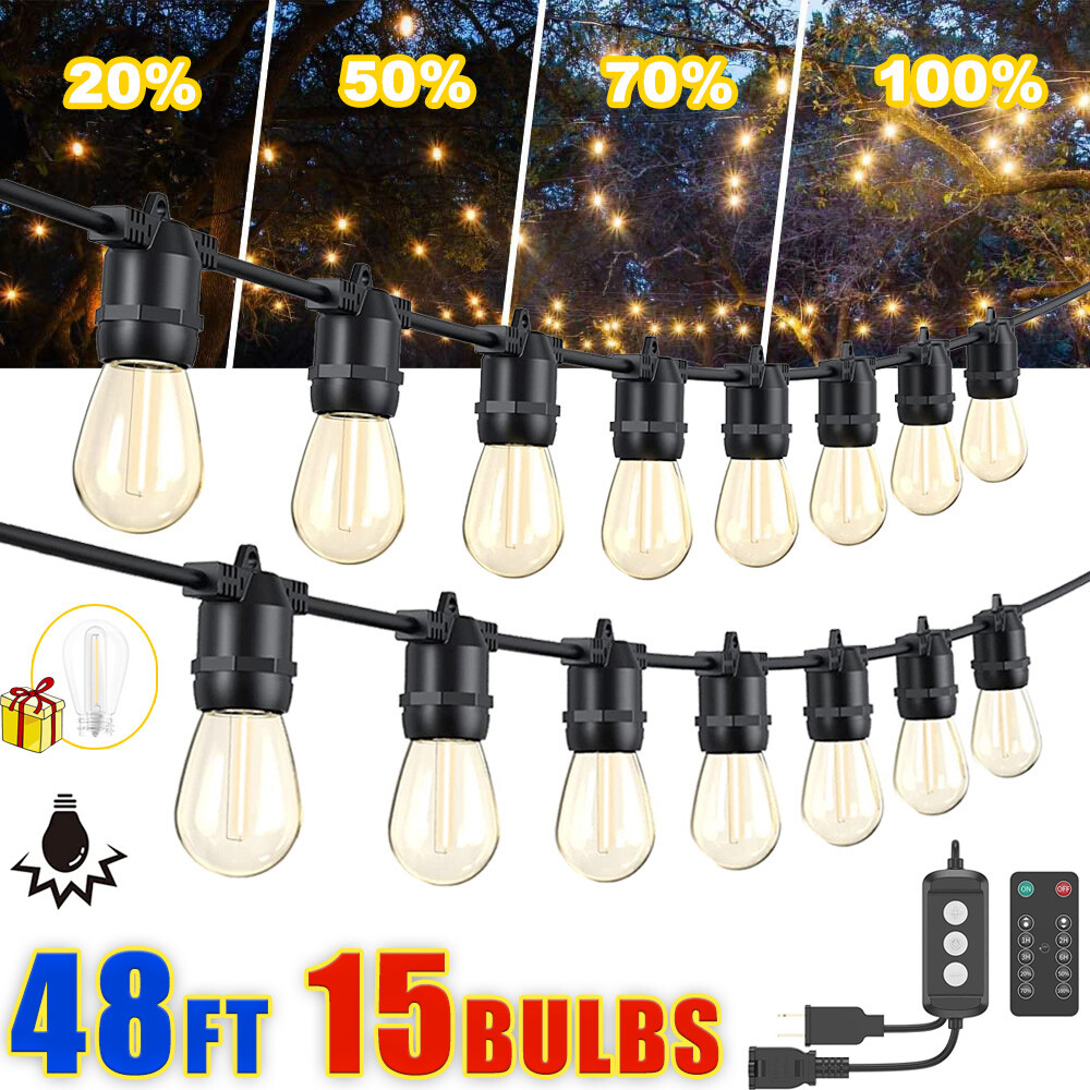 48FT Outdoor LED String Light IP65 S14 Edison Bulb Remote Dimmer Timer Garden US