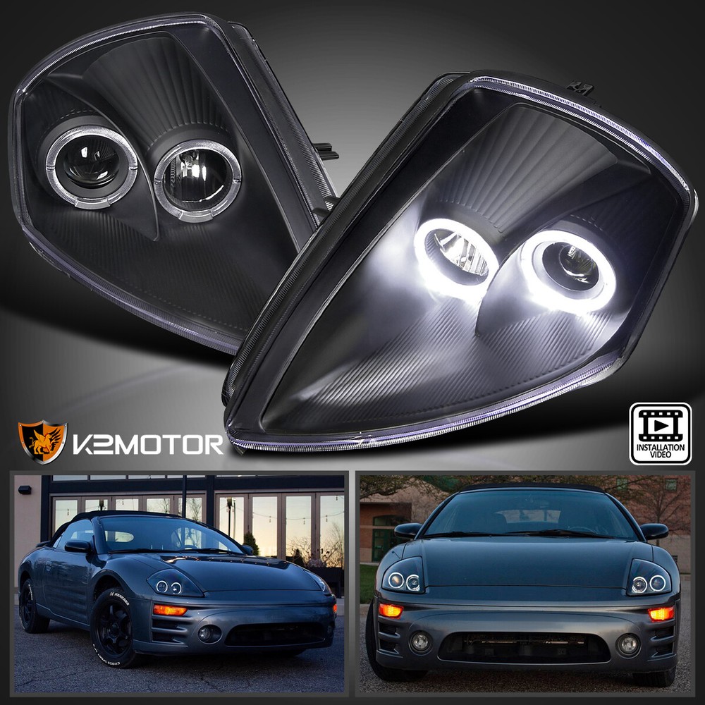 Black Fits 2000-2005 Mitsubishi Eclipse LED Halo Projector Headlights Left+Right