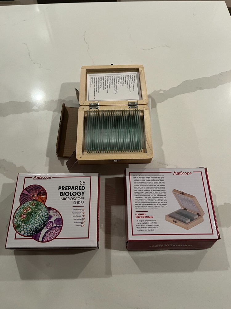 Biology 25 Glass Prepared Microscope Slides w/ case - AmScope - 3 boxes - NEW