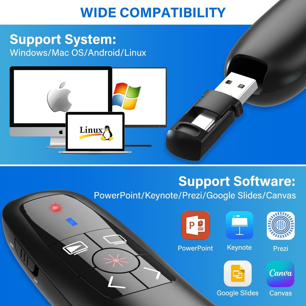 2-in-1 USB C Presentation Clicker Clicker for PowerPoint Presentations Rechar...