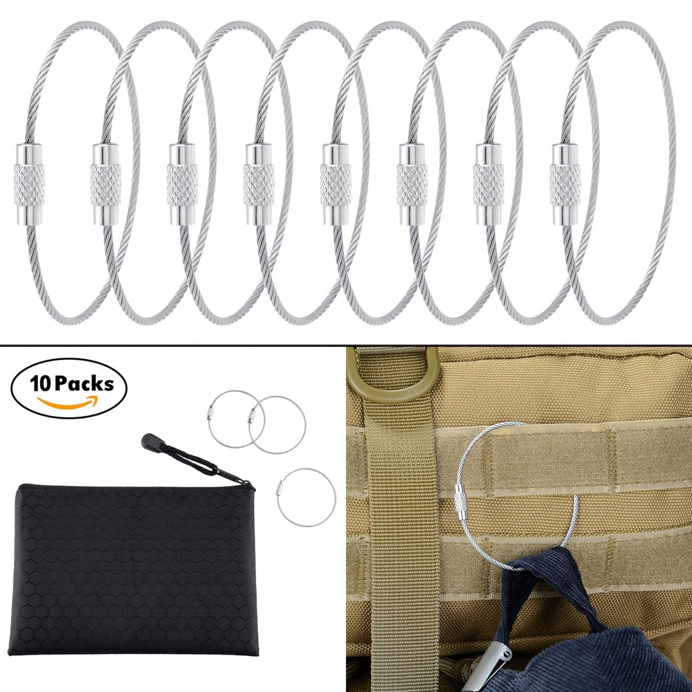 10 Pack Thread Heavy Duty Stainless Cable Keyring Keychain with Zippered Pouch