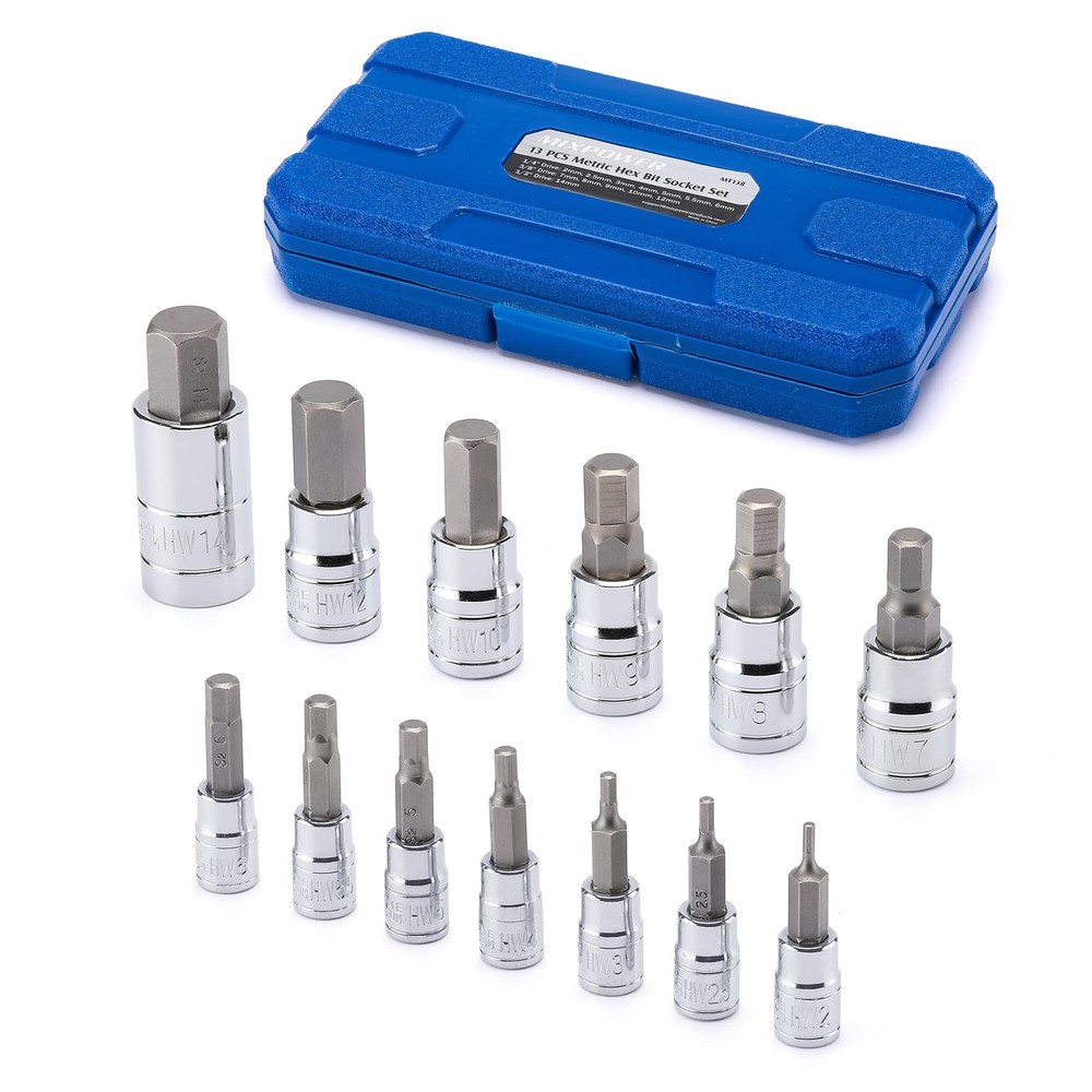 MIXPOWER 13 Piece Hex Bit Socket Set, S2 Steel Tool Kit, 2-14MM, Chrome