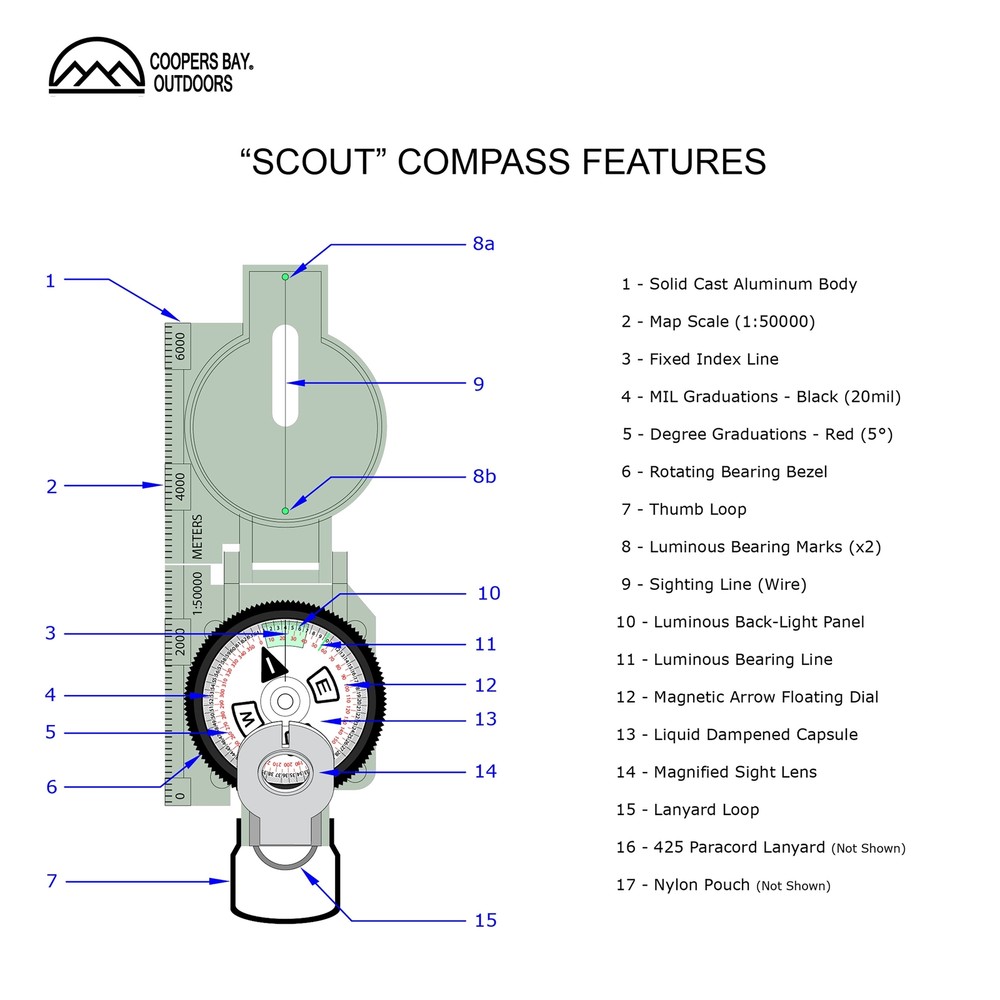 Scout™ Lensatic Compass - Traditional Phosphorescent Military Style with Nylon C