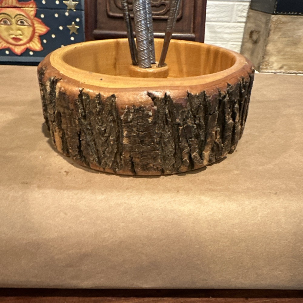 Vintage Nut Bowl Rustic Edge Tree Bark Set with 1 Nutcracker & 4 Picks