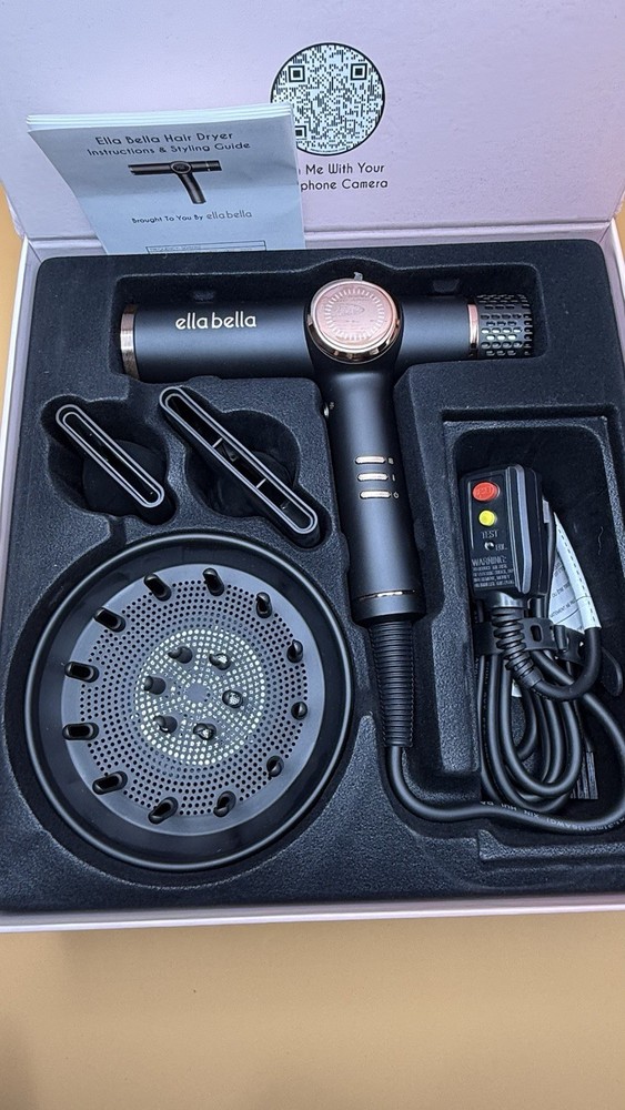 ELLA BELLA® Professional Ionic Hair Blow Dryer with Diffuser -NEW Open Box Black