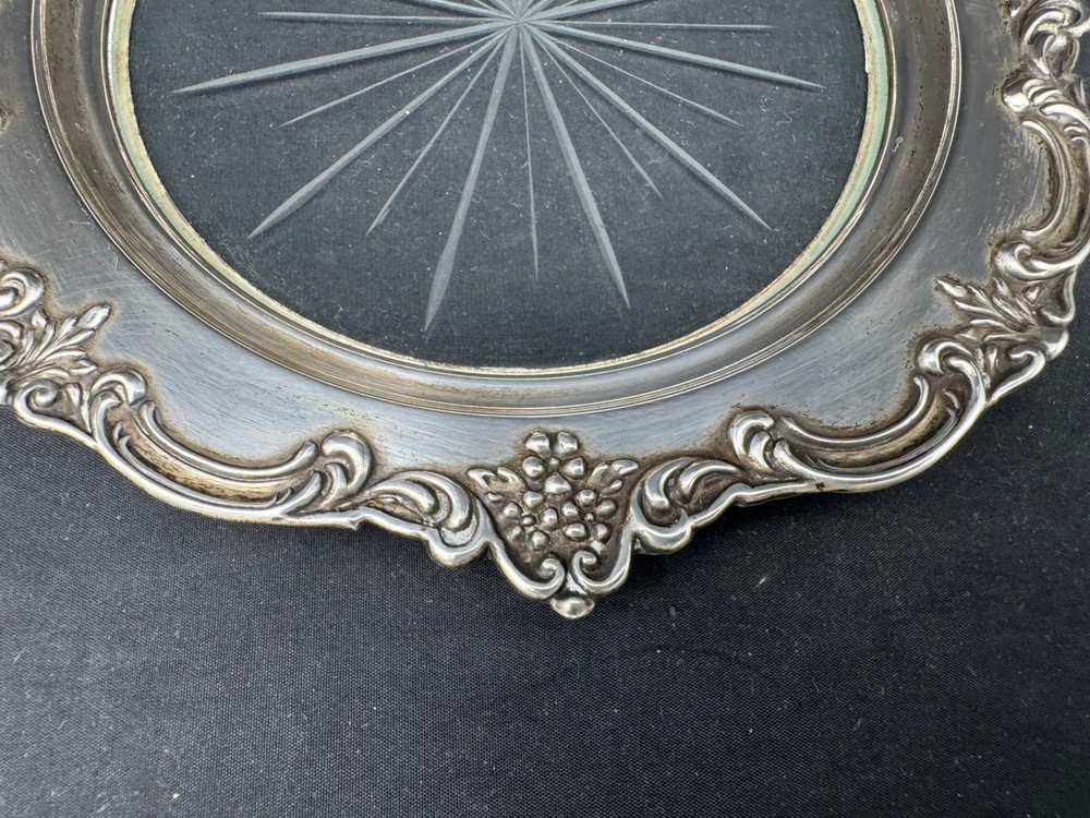 Vintage Sterling Silver Glass Coaster Repousse, 6.25"