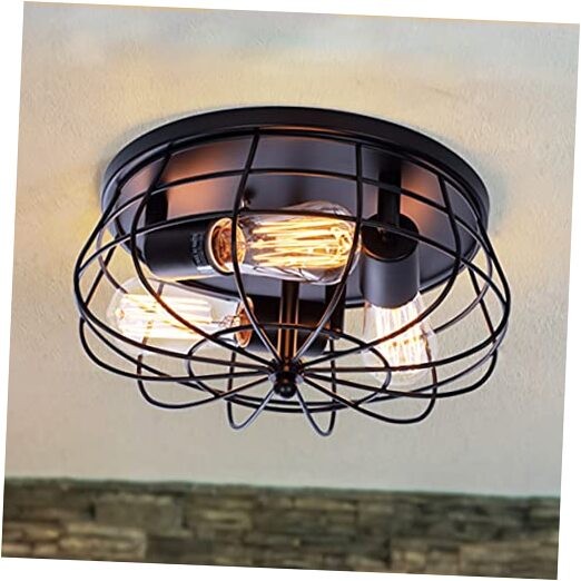 Industrial 3-Light Rustic Semi Flush Mount Ceiling Light, with Metal Cage for