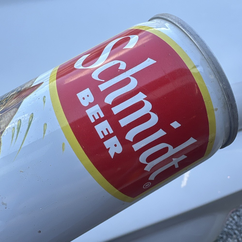 Schmidt beer can, steel pop tab top, 12 oz, fish image
