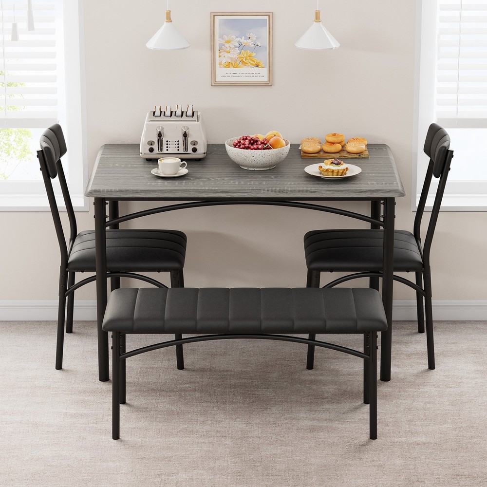 Dining Table Set for 4, Wood Kitchen Table with Upholstered Chairs and Bench