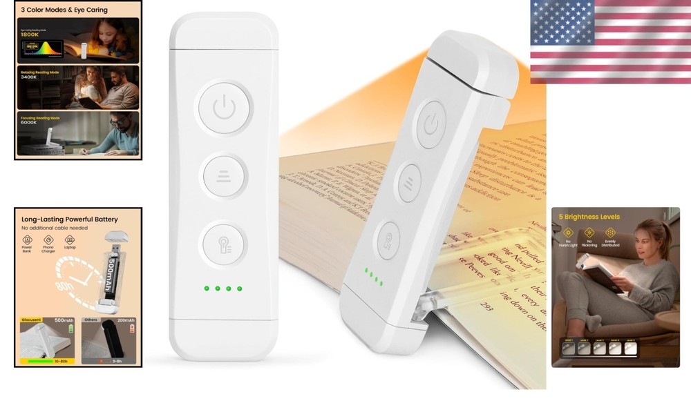 USB Rechargeable Book Light - 5 Brightness Settings & Lightweight Design