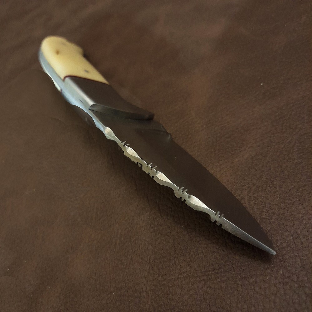 7" Real Bone Handle Fileworked Skinner Knife w/Leather Sheath