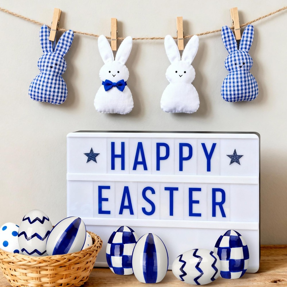 6 Pcs Ceramic Easter Eggs Blue and White Checkered Porcelain Eggs Spring Bask...