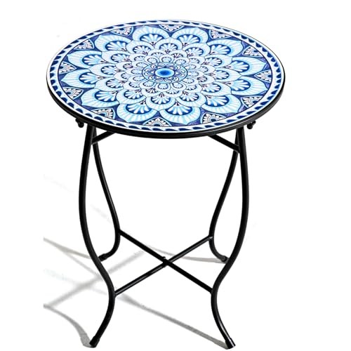 Round Side Table, Indoor Outdoor Small Side Table, Weather Resistant Black Blue