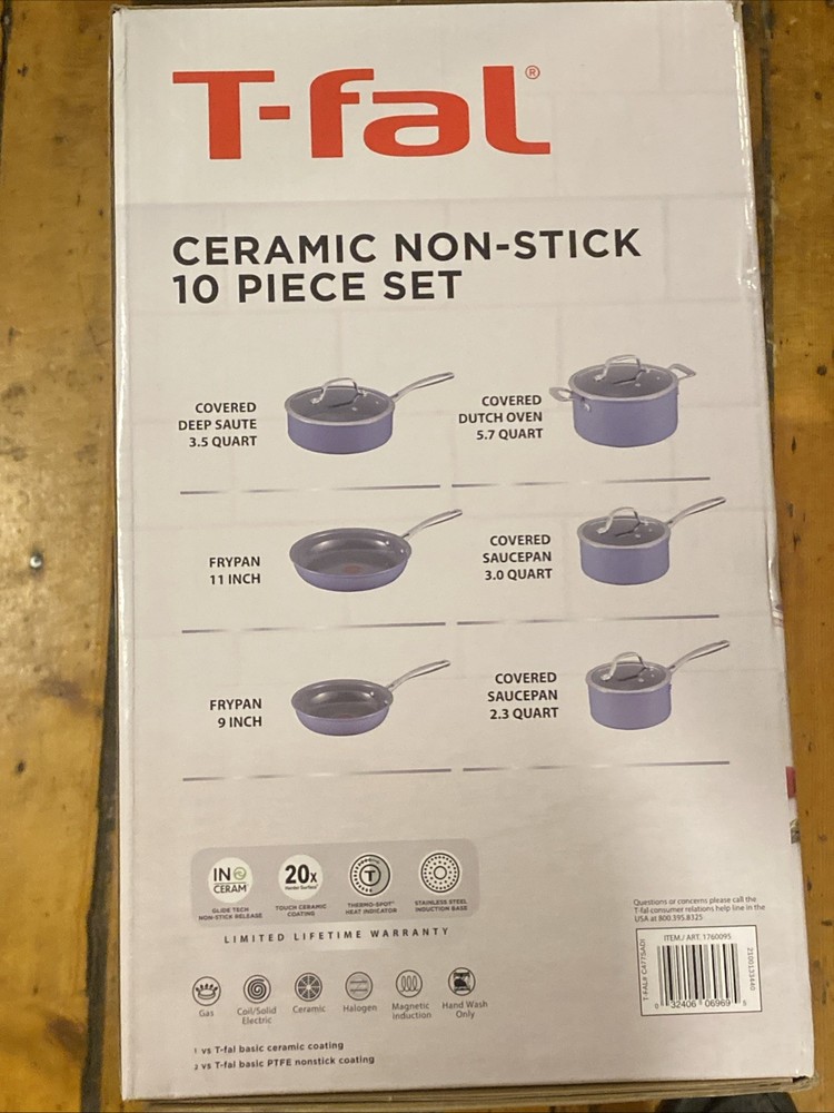 T-fal Ceramic Non-Stick Cookware Set, 10-Piece - Blue