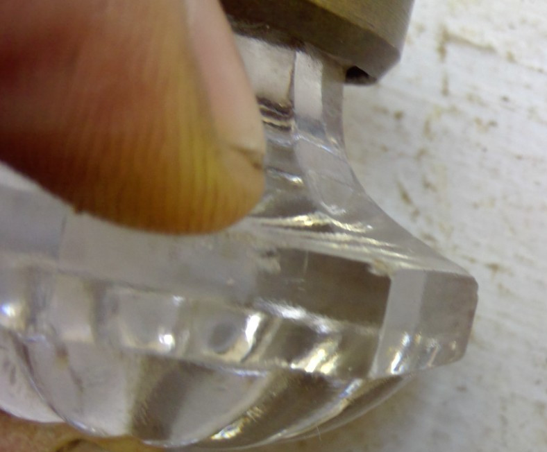 2 VINTAGE CLEAR GLASS OCTAGON 8-SIDED DRAWER PULLS KNOBS W/ BRASS SETTING NICE