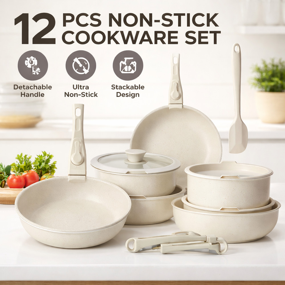 12pcs Non-Stick Pots and Pans Set, with Detachable Handle for Kitchen