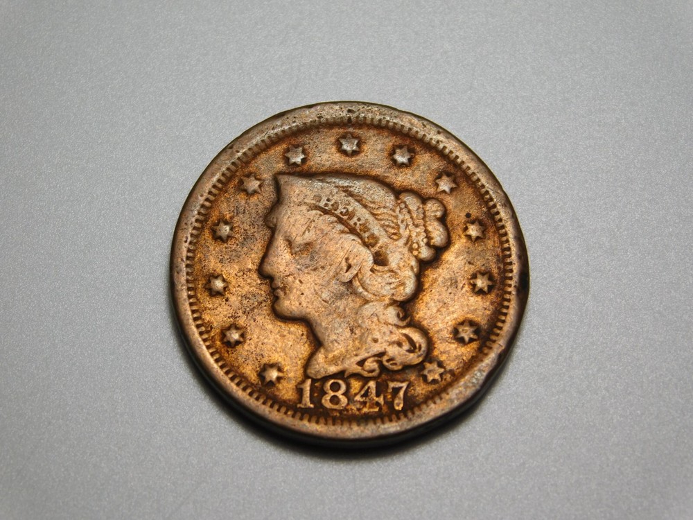 US COINS 1847 BRAIDED HAIR  LARGE CENT *BENT*