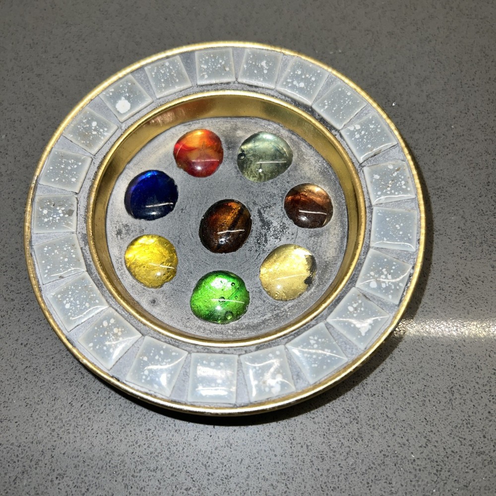 Unique  Artistic 4" Brass Tone Dish w/Multi Colored Glass & Stone Insets