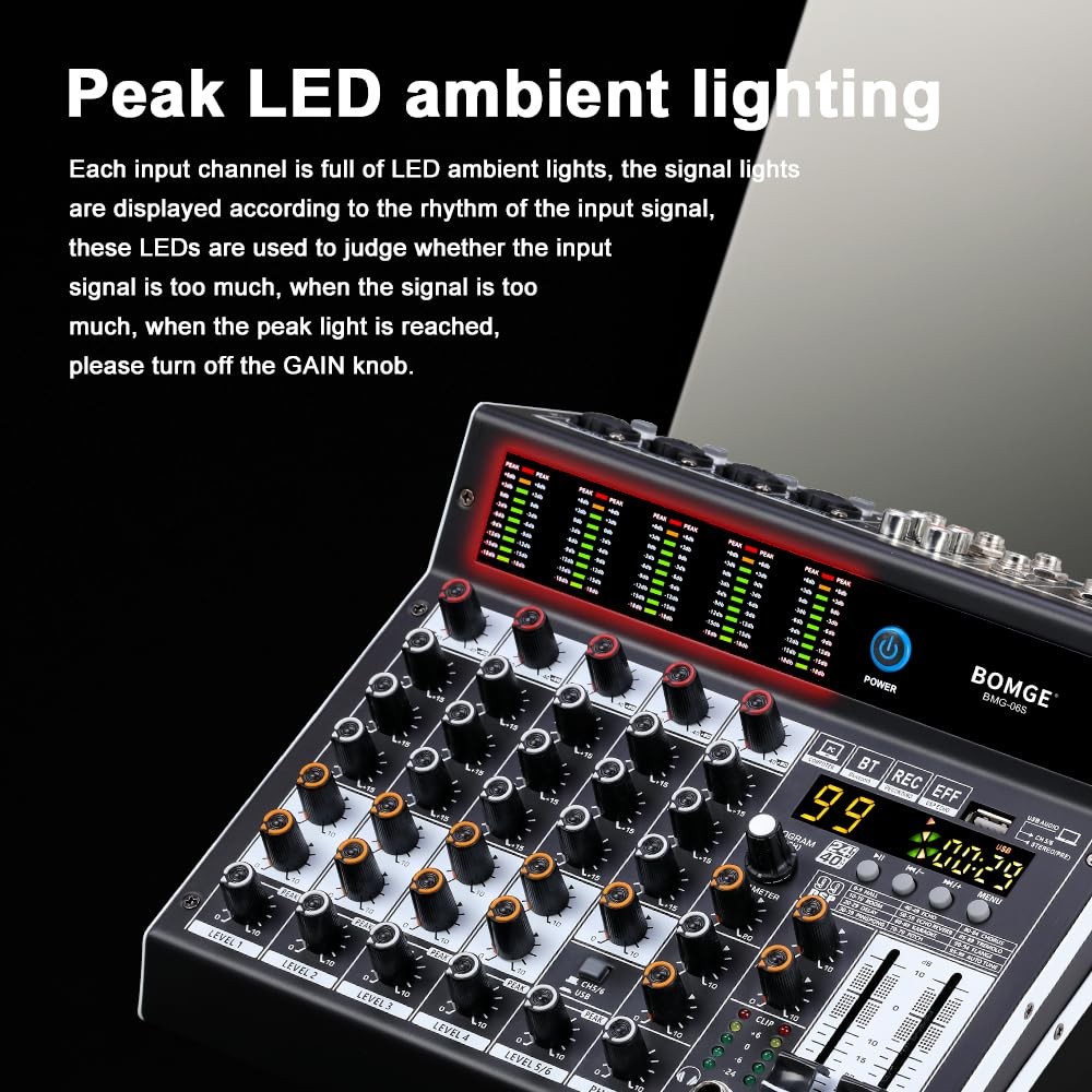 6Channel Audio Mixer with 99 DSP Effects, Bluetooth, USB, and Phantom Power