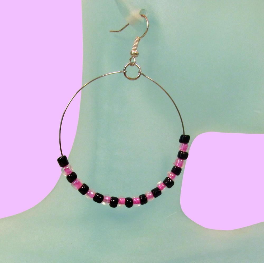 2" Pink Black Color Boho Handmade Seed Bead Hoop Earrings
