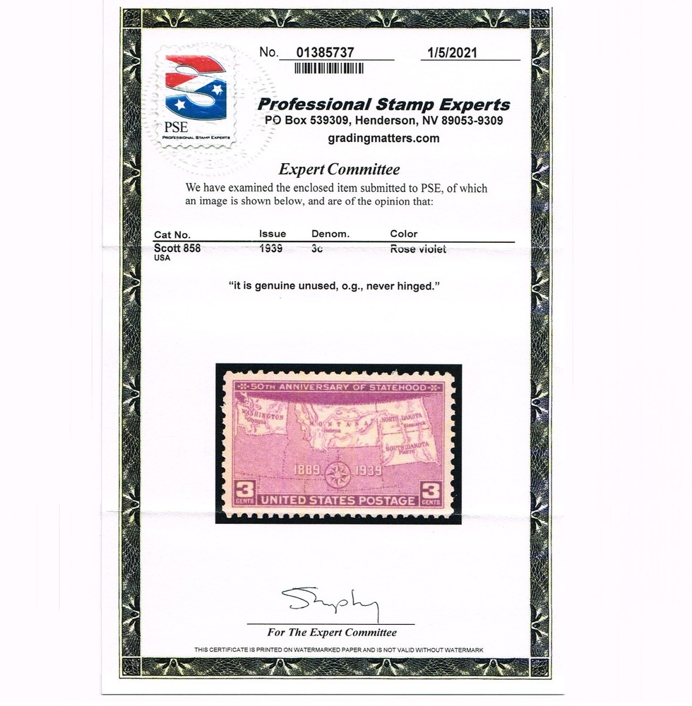 EXCEPTIONAL GENUINE SCOTT #858 XF-SUPERB MINT PRISTINE OG NH PSE CERT #20762