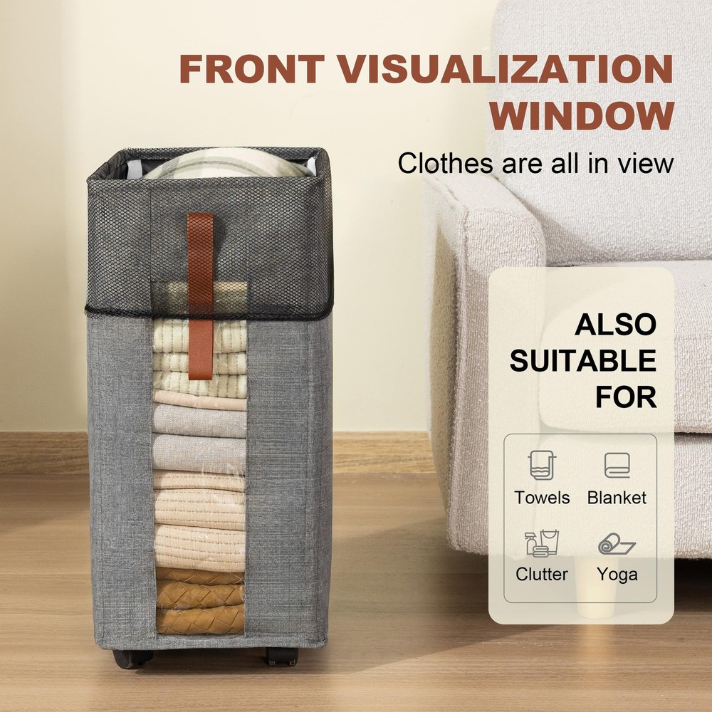 Laundry Hamper Wheels Rolling Basket Clear Window Collapsible Gray 1 PCS