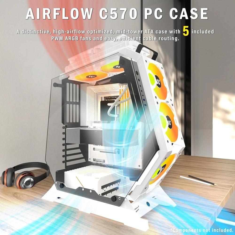 PC Case C570 ATX Mid Tower Tempered Glass Gaming Computer Open Frame Case with 5