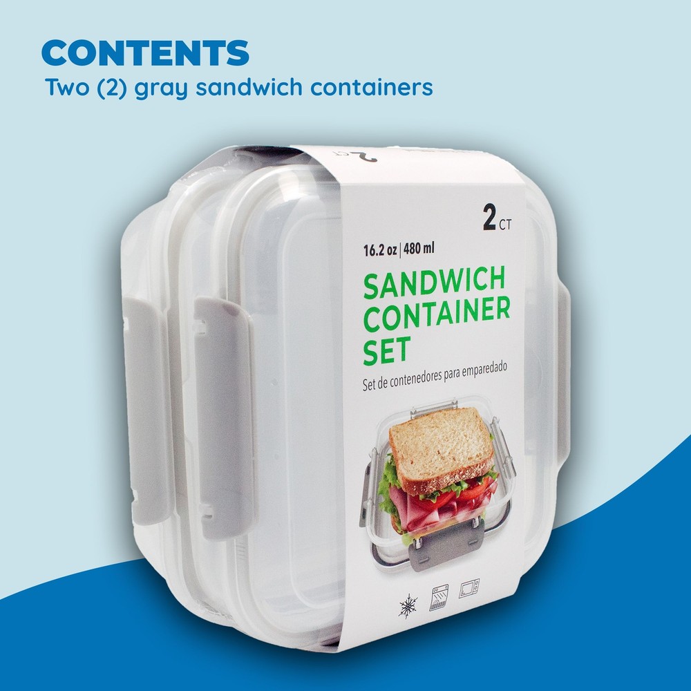 Biosmart Sandwich Container: 2 Pack Reusable, BPA Free Plastic 2 Pack, Gray