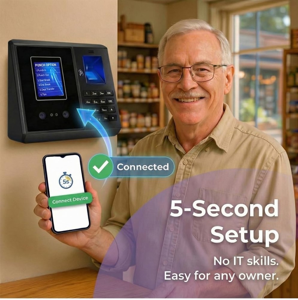 App-Based Time Clock, 5s Setup, Auto Break, Lunch & Overtime Rules, Local Data