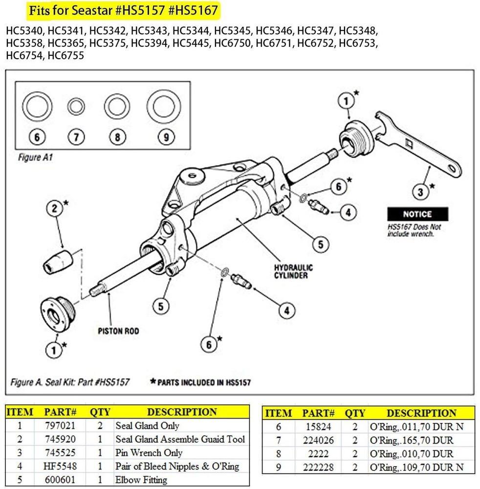 For Seastar Hydraulic Steering Cylinder Seal HS5157 + Bracket Puller + Bleed Kit