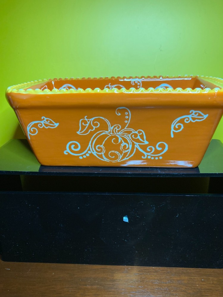 Temptations Ceramic Baking Loaf Pan Hand Painted Pumpkin/Fall Holiday Design
