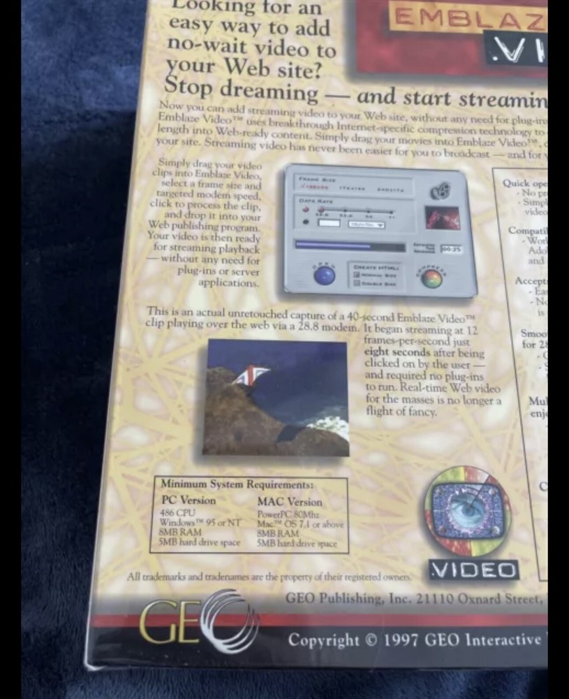 NEW-Emblaze Video Geo Windows PC Mac Software Disc Original Package Sealed 97