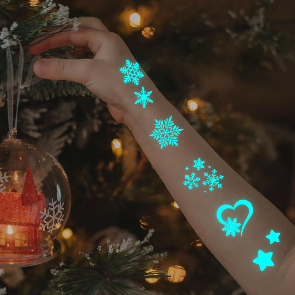 Blue Luminous Snowflake Temporary Tattoos - 74 Individually Sheets White Snowfla