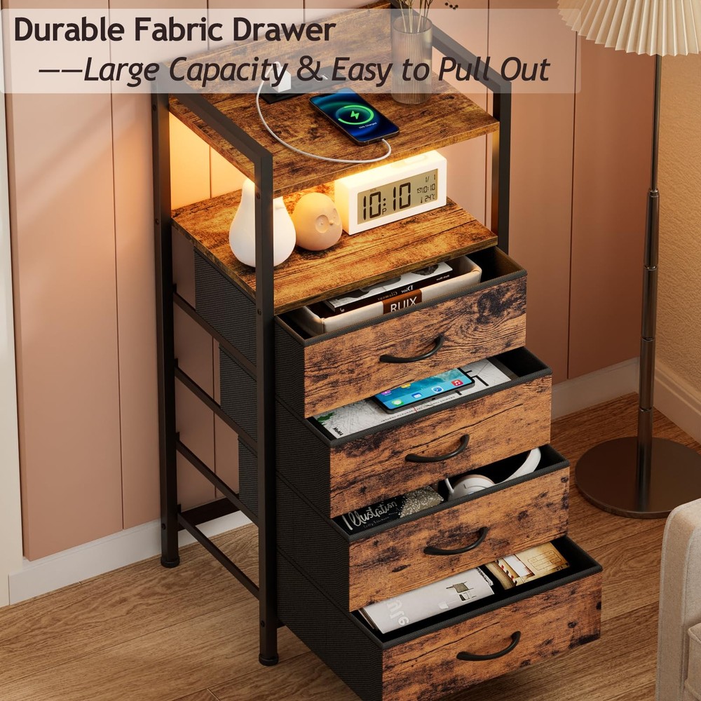 4-Drawer Nightstand w/ Charging Station LED - Rustic Brown Bedside Table