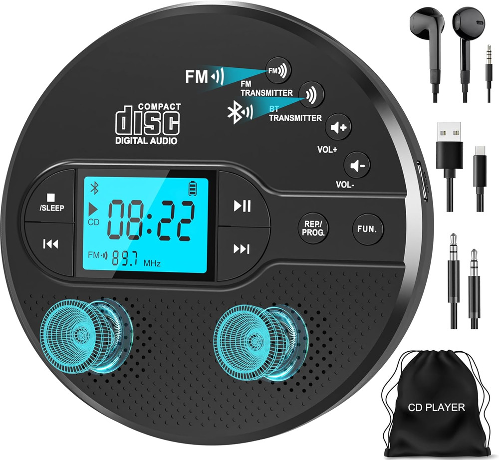 Portable CD Player with Bluetooth, Disman CD Player for Car with FM Transmitter,