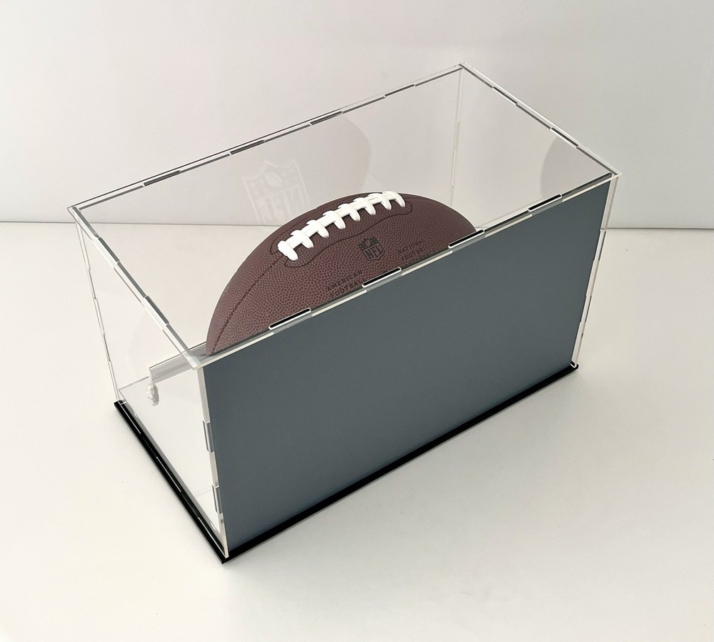 Acrylic Football Display Case with Back Mirror, Silver Cone Risers & Mirror Base