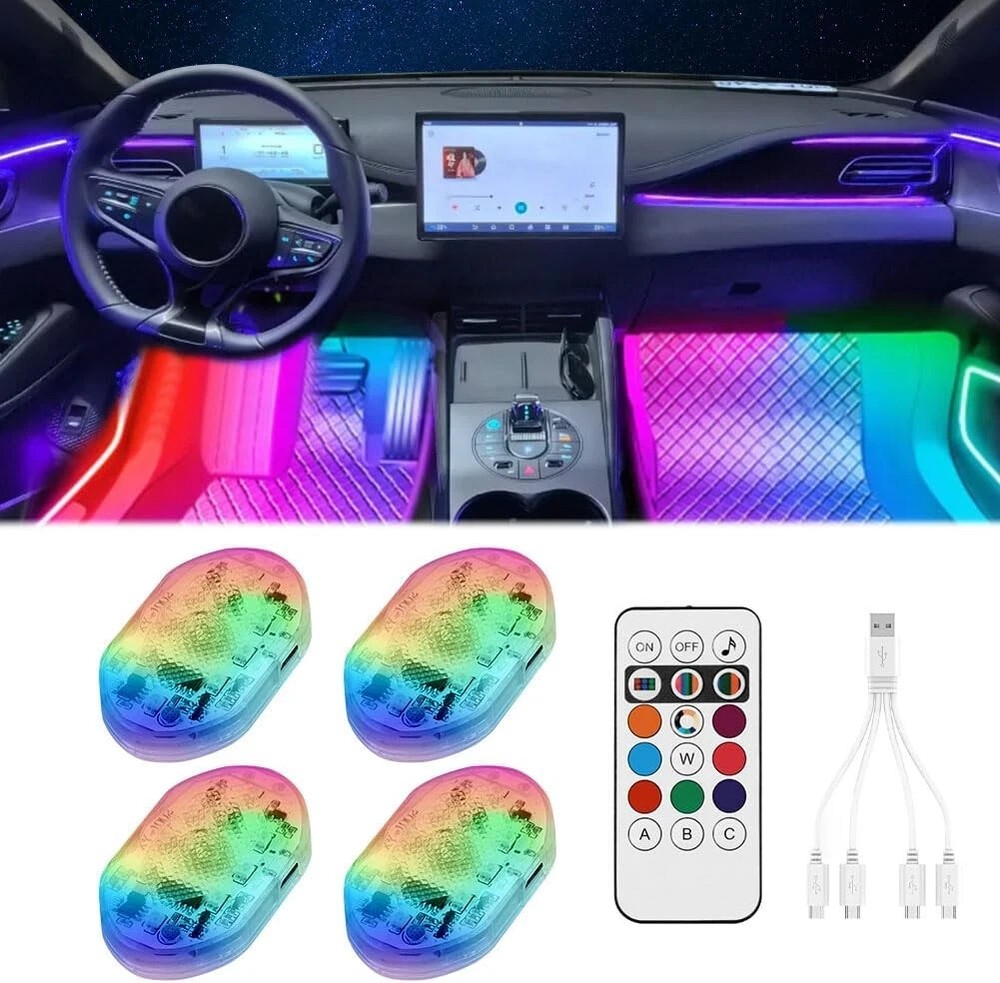4Pcs LED Interior Car Lights Wireless with Remote, Portable USB Rechargeable
