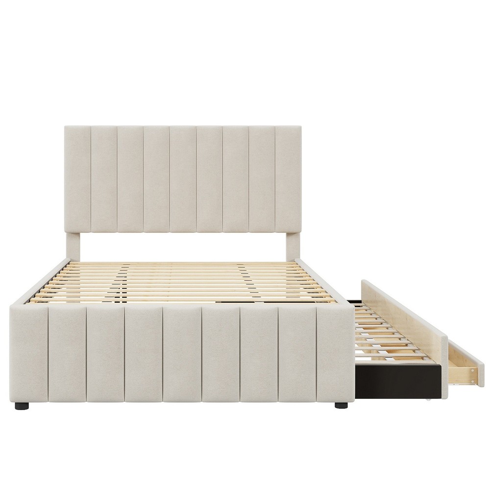 Full Size Bed Frame Linen Upholstered Platform Bed w/ Trundle Bed & 3 Drawer