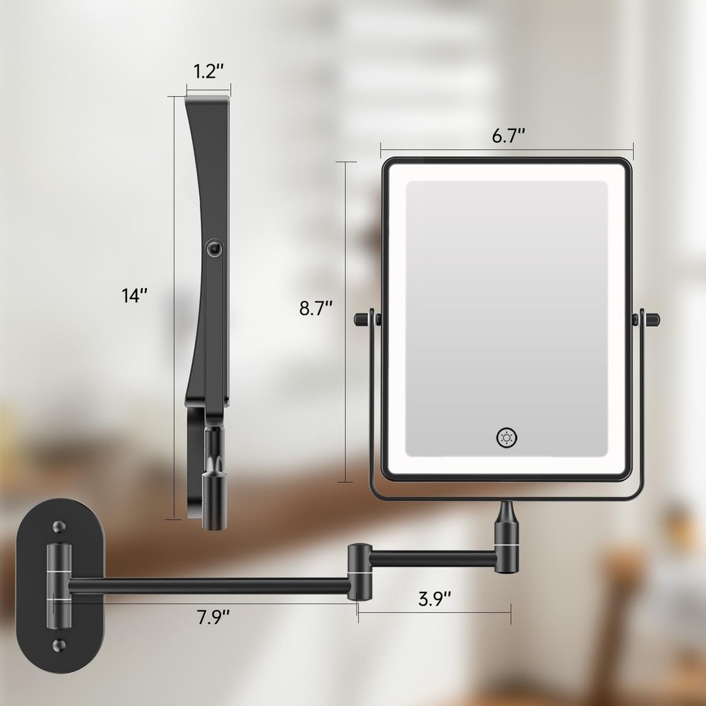 FASCINATE 5000mAh Rechargeable Wall Mounted Makeup Mirror, 8.7" Double Sided ...
