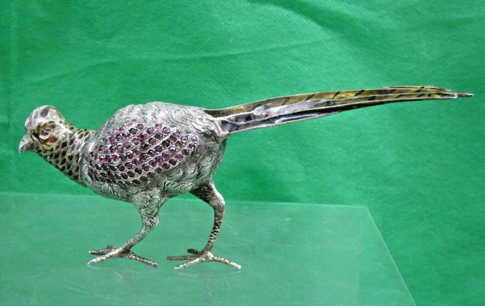 ANTIQUE AUSTRIAN Vienna SILVER ENAMEL MINIATURE BIRD PHEASANT gemset real ruby