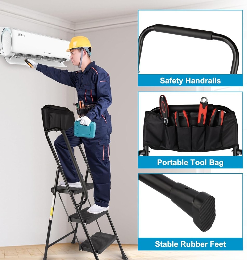Valeo 3 Step Ladder with Handrails,500 3-Step Handrails, Black