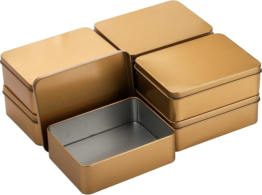 Peohud 16 Pack Rectangular Tin Boxes with Lids, Empty Hinged Tins, Metal Gold