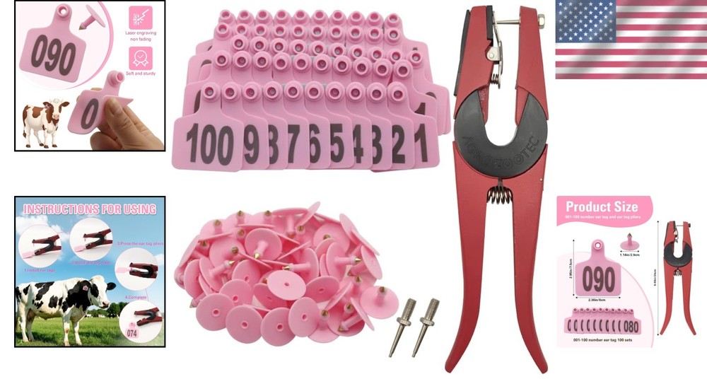Pink Livestock Ear Tags 001-100 Kit