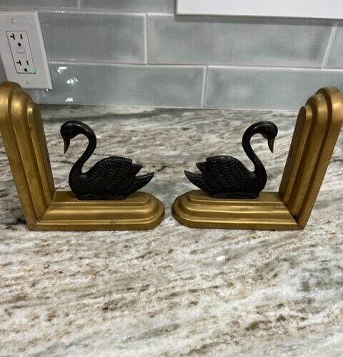 Vintage Mid Century Solid Brass Black Swan Bookends Heavy