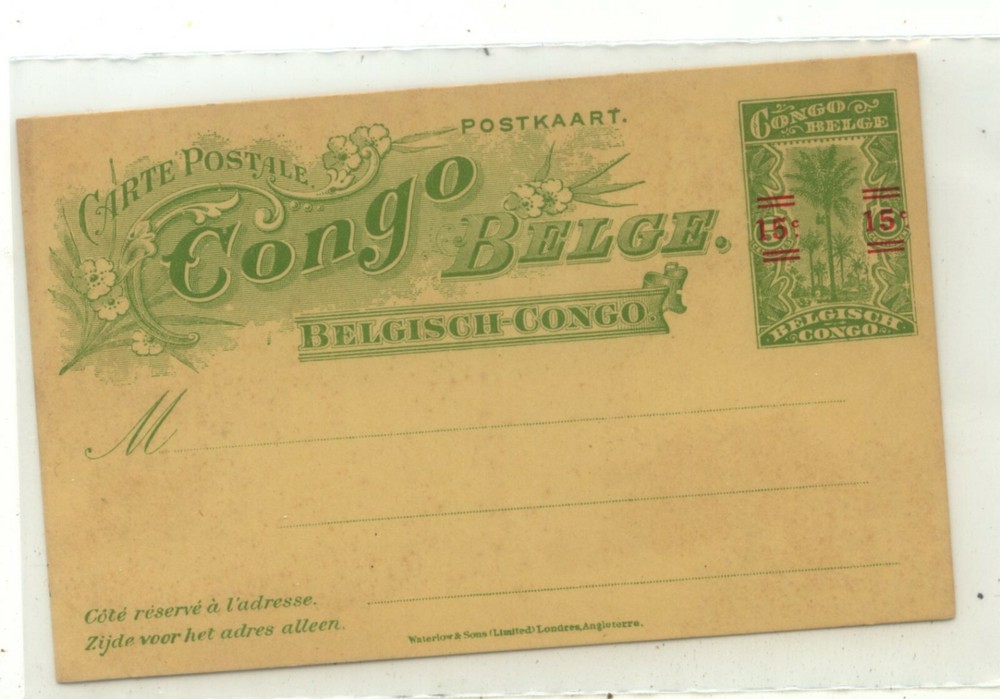 Belgian  Congo  postal     revalued  15 cent  on green    unused      MS0505
